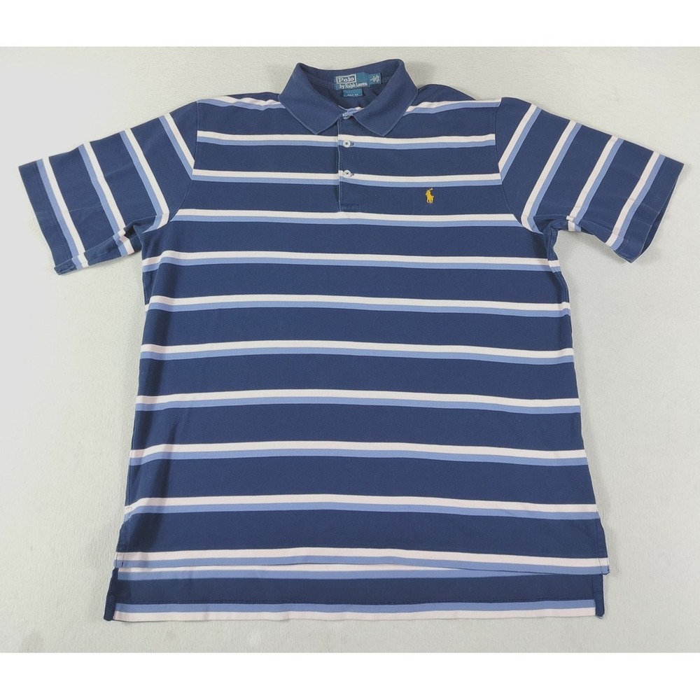 Vintage Polo By Ralph Lauren Polo Shirt Mens Large Blue Pink Stripe Golf Fit 90s